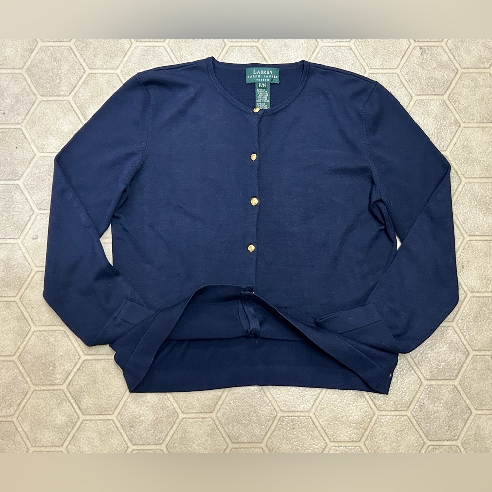 Women's Petite Medium Navy Blue Gold Button Lauren Ralph Lauren Silk Cardigan